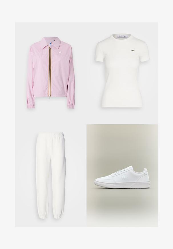 Rózsaszín, könnyű dzseki gallérral, elülső cipzárral, sárga és kék csíkokkal, rugalmas mandzsettákkal és egy kis logóval a mellrészen.; Fehér, rövid ujjú bordás póló kerek nyakkivágással és egy kis zöld Lacoste krokodil logóval a bal mellen. Simaságú pamut anyag.; Fehér melegítőnadrág puha, kötött anyagból. Rugalmas derékpánt és szegélyek lazán illeszkednek. Minimalista dizájn, látható minták vagy díszítések nélkül.; Fehér sneaker sima anyagból, lekerekített orral, fűzős dizájnnal, diszkrét logóval az oldalon és texturált talppal.