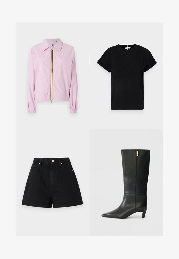 Rosa leichte Jacke mit Kragen, frontalem Reißverschluss, der gelbe und blaue Streifen aufweist, elastische Bündchen und ein kleines Logo auf der Brust.; Schwarzes Baumwoll-T-Shirt mit umgeschlagenen kurzen Ärmeln, mit einem eingeprägten Logo in der Mitte und einem kleinen Flaggenakzent an der Seite.; Schwarze Denim-Shorts mit hoher Taille, fünf Taschen, silberner Hardware und normaler Passform, ausgestattet mit einer glatten Textur und sauberer Verarbeitung.; Schwarze Lederstiefelette bis zum Knie mit spitzem Zeh und kleinem Absatz. Hat ein elegantes Design mit goldenen Akzenten. Glatte Textur.
