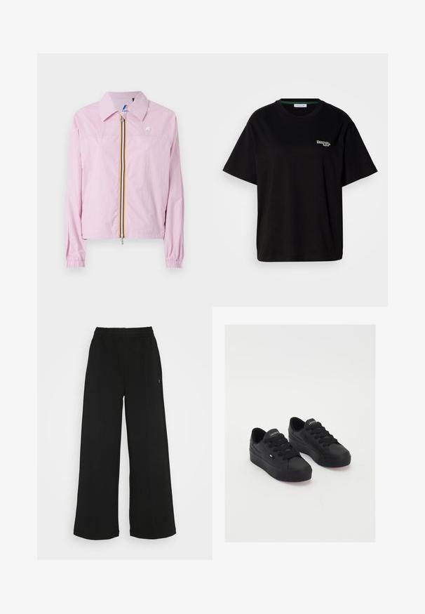 Giacca leggera rosa con colletto, zipper frontale caratterizzata da strisce gialle e blu, polsini elastici e un piccolo logo sul petto.; T-shirt in cotone nero con maniche corte, caratterizzato da un piccolo logo verde sul lato sinistro del petto. Classico colletto a girocollo, vestibilità rilassata.; Pantaloni neri a gamba larga con vita elasticizzata. Realizzati in un materiale morbido e leggero. Presentano cuciture verticali sul davanti.; Sneakers basse nere realizzate in materiale morbido, con lacci spessi, una suola testurizzata e un piccolo logo sul lato e sulla linguetta.