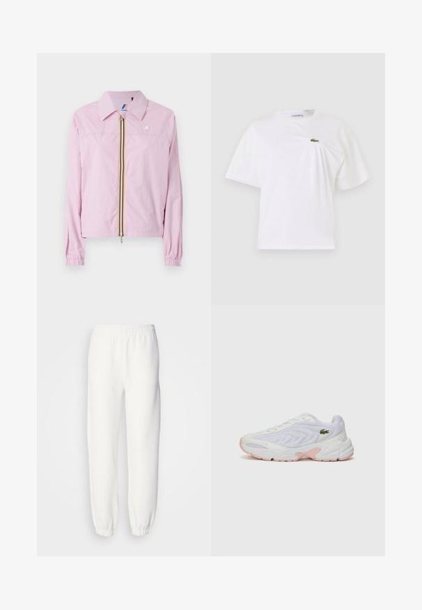 Rosa leichte Jacke mit Kragen, frontalem Reißverschluss, der gelbe und blaue Streifen aufweist, elastische Bündchen und ein kleines Logo auf der Brust.; Weißes Baumwoll-T-Shirt mit lockerer Passform, das ein kleines grünes, gesticktes Logo auf der Brust aufweist. Kurze Ärmel und ein runder Ausschnitt.; Weiße Sweatpants aus weichem, gestricktem Stoff. Der elastische Bund und die Bündchen sorgen für eine bequeme Passform. Minimalistisches Design, ohne sichtbare Muster oder Akzente.; Weiße Sportschuhe mit einem strukturierten Mesh-Obermaterial, dezenten rosa Akzenten an der Sohle und einem grünen Krokodil-Logo an der Seite.