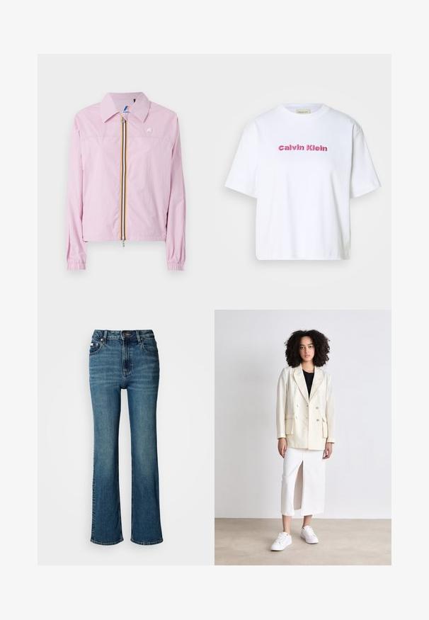 Giacca leggera rosa con colletto, zipper frontale caratterizzata da strisce gialle e blu, polsini elastici e un piccolo logo sul petto.; T-shirt bianco in cotone con maniche corte e scollatura rotonda, con "Calvin Klein" ricamato in lettere rosa sul davanti.; Jeans a vita alta blu in denim, con un design a gamba dritta, lievi sbiaditure e chiusura con bottone e cerniera standard.; Blazer crema doppiopetto con due tasche anteriori, indossato sopra una maglietta nera, abbinato a una gonna bianca con spacco anteriore e sneakers bianche.