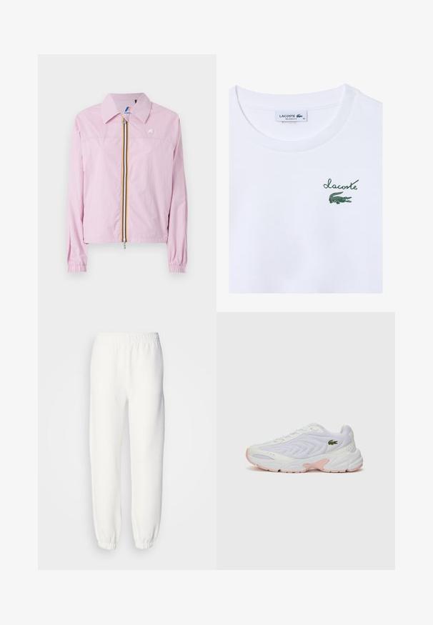 Różowa lekka kurtka z kołnierzem, z przodu na zamek błyskawiczny, z żółtymi i niebieskimi paskami, elastycznymi mankietami oraz małym logo na piersi.; Biała koszulka z bawełny o luźnym kroju; z zielonym logo "Lacoste" i grafiką krokodyla na lewej klatce piersiowej.; Białe dresy ze softshelowego materiału, z elastycznym pasem i mankietami, które zapewniają luźny krój. Minimalistyczny design, bez widocznych wzorów czy akcentów.; Białe buty sportowe z teksturowaną siateczką, subtelnymi różowymi akcentami na podeszwie oraz zielonym logo krokodyla po boku.