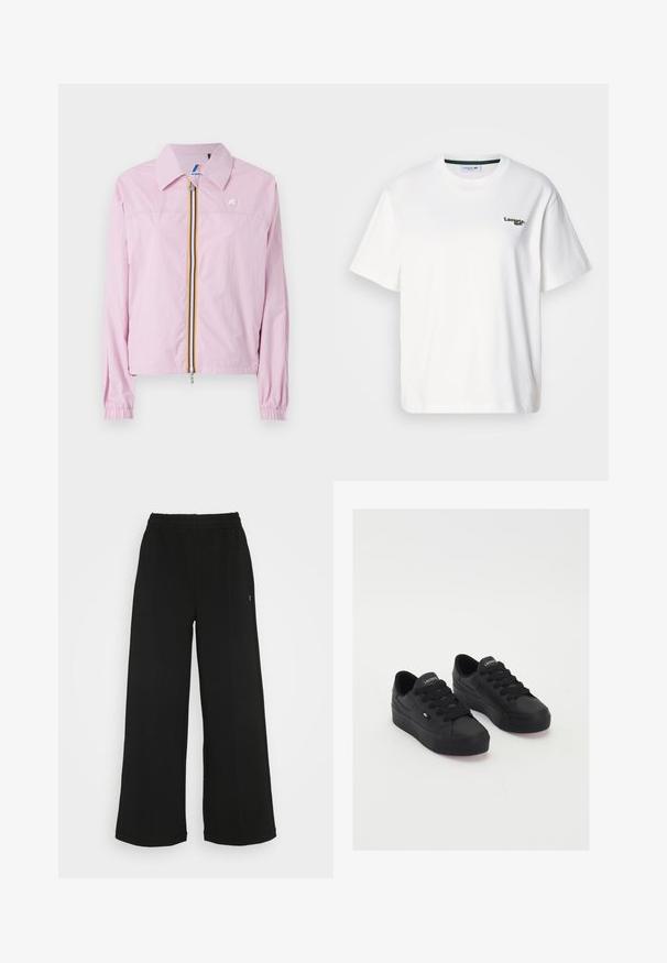 Pink lightweight jacket with a collar, front zipper featuring yellow and blue stripes, elastic cuffs, and a small logo on the chest.; White cotton t-shirt with a relaxed fit, featuring a green embroidered logo on the left chest and a round neck. Smooth texture.; Black wide-leg pants with an elastic waistband. Made from a soft, lightweight material. Features vertical seams along the front.; Black low-top sneakers made of smooth material, featuring thick laces, a textured sole, and a small logo on the side and tongue.