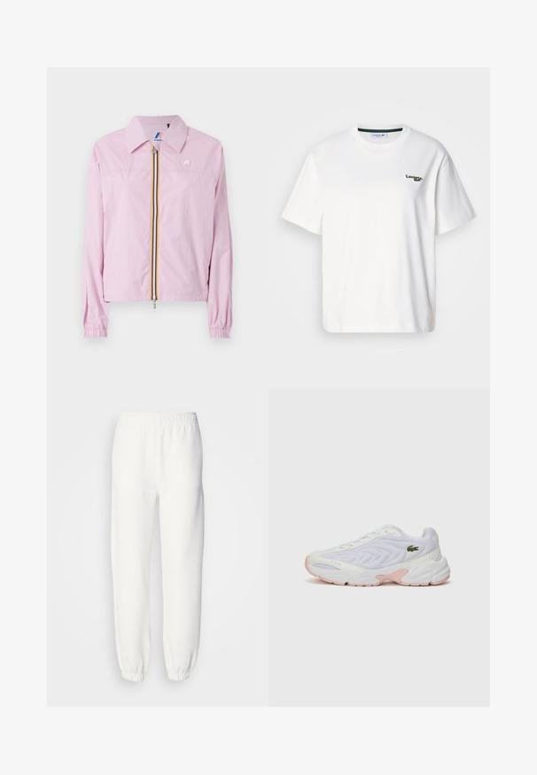 Veste légère rose avec col, fermeture éclair sur le devant, ornée de rayures jaunes et bleues, poignets élastiques et un petit logo sur la poitrine.; T-shirt en coton blanc à coupe décontractée, avec un logo brodé vert sur la poitrine gauche et un col rond. Texture lisse.; Pantalon de survêtement blanc en tissu tricoté doux. La taille et les poignets élastiques assurent une coupe décontractée. Design minimaliste, sans motifs ni accents visibles.; Baskets blanches de sport avec une tige en mesh texturé, de subtiles accents roses sur la semelle et un logo de crocodile vert sur le côté.