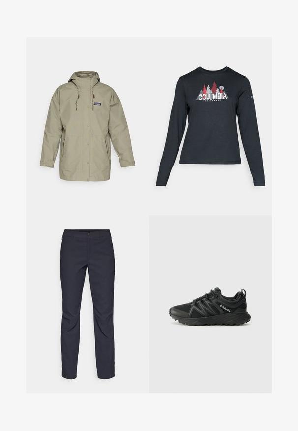 Jachetă waterproof de un gri deschis, cu glugă, nasturi tip snap, șnururi ajustabile și două buzunare laterale. Design simplu, cu o croială lejeră.; Cămașă cu mâneci lungi de culoare gri închis, cu un grafic de copaci roșii și munți; logo-ul "COLUMBIA" în text alb îngroșat. Material moale, guler standard de tip crew.; Pantaloni bleumarin dintr-un material neted, cu închidere frontală cu buton, croială slim-fit și detalii pliate la genunchi.; Columbia PEAKFREAK - Pantofi drumeție - black