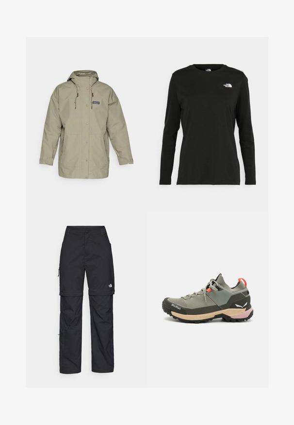 Ljusgrå vattentät jacka med huva, tryckknappar, justerbara dragsnören och två sidofickor. Enkel design med en avslappnad passform.; Svart långärmad t-shirt i bomull med rund hals. Har en liten vit logotyp på vänster bröstområde. Enkelt design och passform.; Svarta nylonbyxor med avtagbara ben, justerbara muddar, flera fickor och en logotyp på högra benet. Slät, lätt textur.; Lättviktsgrön vandringssko med mesh- och gummimaterial, svart yttersula för bra grepp, rosa och orange detaljer samt förstärkt tåhätta.