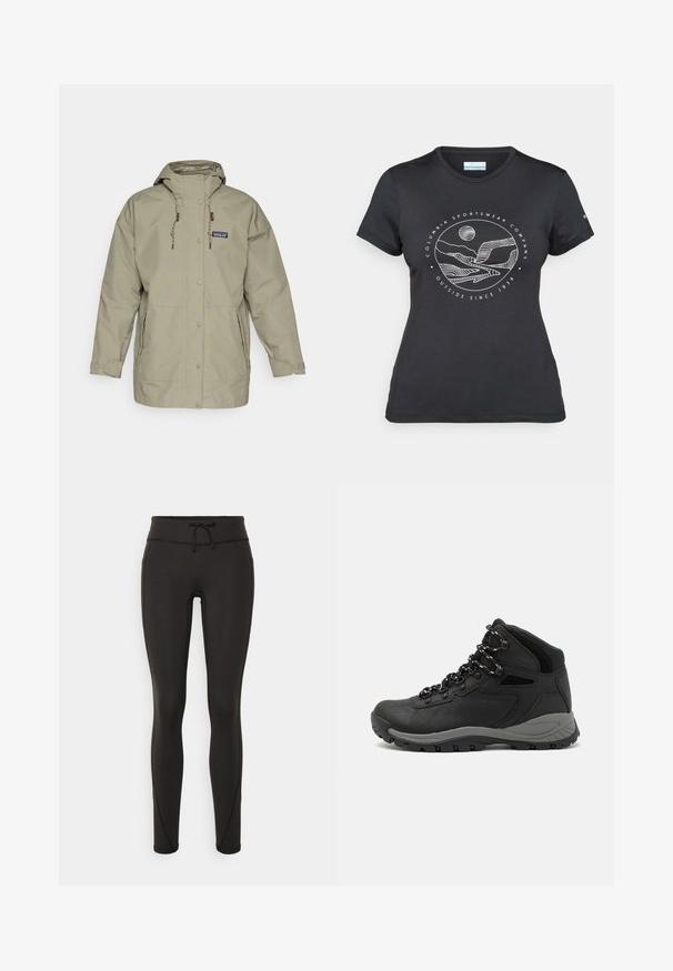 Corta-vento impermeável cinza claro com capuz, botões de pressão, cordões ajustáveis e dois bolsos laterais. Design simples com um corte relaxado.; T-shirt preto da Columbia com arte em linha branca circular representando montanhas e rios, e o texto "Columbia Sportswear Company Outside Since 1938."; Leggings pretos com uma cintura alta, cordão, textura suave e design ajustado. Apresentam detalhes de costura ao longo das laterais.; Bota de caminhada preta com design de cano médio, apresentando um upper texturizado, detalhes cinzentos e sola de borracha durável com cravos de tração.