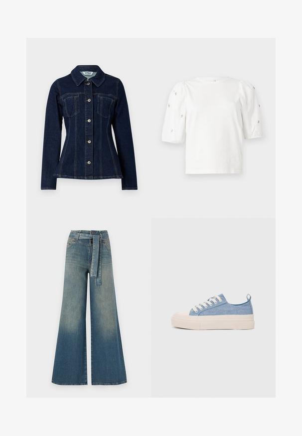 Dark blue denim jacket with a fitted design, a pointed collar, front button closure, and two chest pockets. Contrast stitching visible.; White cotton t-shirt with short puff sleeves, featuring small silver embellishments along the sleeves. Classic round neckline, relaxed fit.; Wide-leg denim trousers featuring a light to dark blue gradient, high waist, belt loops, and a matching fabric belt. Textured denim finish.; Light blue canvas sneakers with a cream rubber toe cap and outsole, featuring white laces and a pull tab on the heel.