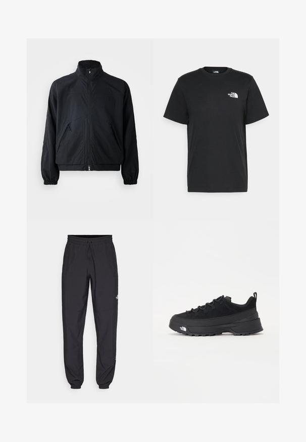 Sweatshirt preto com fecho na frente e gola alta, apresentando dois bolsos frontais e punhos elásticos, feito de um material leve e texturizado.; T-shirt de algodão preto com mangas curtas, decote redondo e um pequeno logótipo branco no lado esquerdo do peito. Design simples, textura suave e corte relaxado.; Calças atléticas pretas feitas de tecido leve, com um cós ajustável por cordão, bolsos laterais e punhos afunilados nos tornozelos.; Sapatilha de exterior preta com parte superior em camurça, sola de borracha texturizada e sistema de atacadores robusto. Apresenta um calcanhar reforçado e o logótipo da marca na lateral.