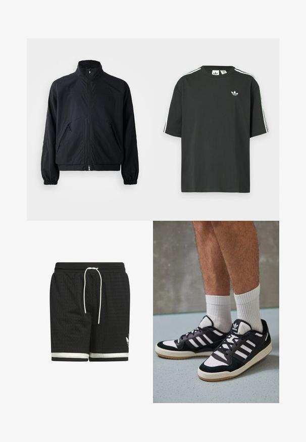 Černá zipová bunda s vysokým límcem, dvoma předními kapsami a elastickými manžetami, vyrobená z lehkého strukturovaného materiálu.; Černé bavlněné tričko s krátkými rukávy, kulatým výstřihem a bílými třemi pruhy na ramenou. Na hrudi je malá bílá logo.; Černé sportovní šortky z texturované síťoviny. Mají bílé šňůrky na stažení a bílý pruh podél lemu. Logo Adidas v bílé barvě.; Černobílé tenisky s vrchní částí z semišové a kožené kůže, včetně tří bílých pruhů, perforovaného špičky a podrážky z gumy.