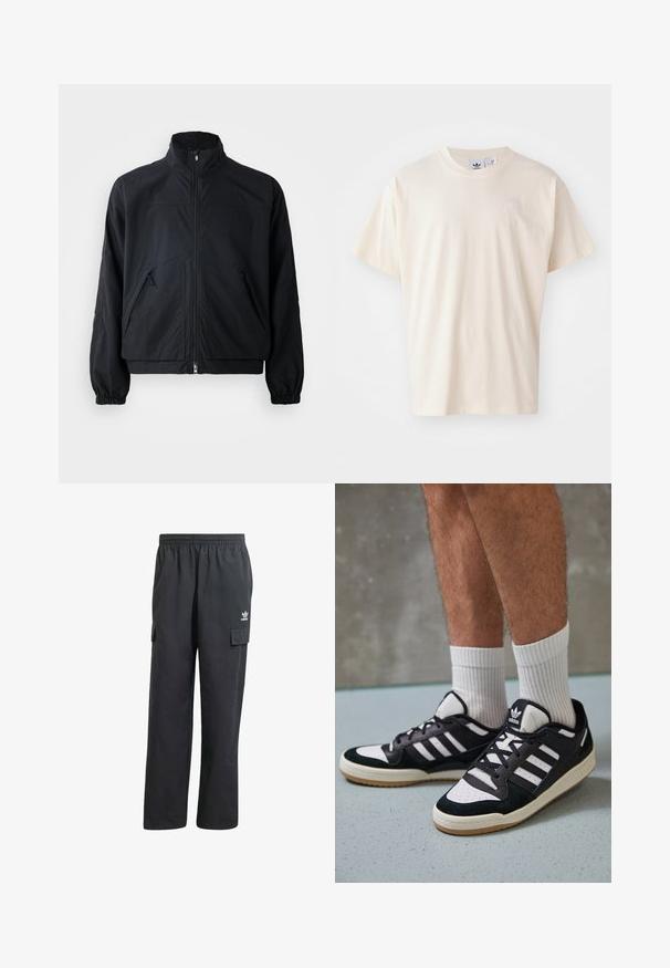 Must küllastatud kapuutsiga must jope, millel on kaks esipocketit ja elastsed mansetid, valmistatud kergest ja tekstureeritud materjalist.; Kreemist puuvillast T-särk, millel on ümar kaelus ja lühikesed varrukad; esiküljel on väike, heledavärviline logo.; Mustad mustreebiga mustad cargo püksid elastse vöökaarega, kahe külge taskuga ja diskreetse logoga vasakul reitel. Valmistatud kergest kangast.; Mustvalged ja valged spordijalatsid, mille pealmine osa on valmistatud suede'ist ja nahast. Kingadel on kolm valget riba, auguline varvas ja kummist tald.