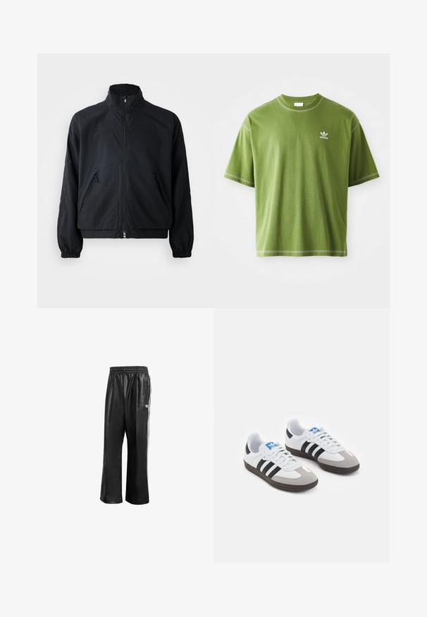 Svart zip-up jakke med høy krage, som har to frontlommer og elastiske mansjetter, laget av et lett, teksturert materiale.; Kortermet grønn T-skjorte laget av bomull, med rund hals og en liten hvit Adidas-logo på venstre bryst. Hvite sømmer som detaljer.; Sorte syntetiske treningsbukser med elastisk midje, som har hvite sidestreker og en liten hvit logo på venstre hofte.; Sportssko med en hvit skinnoverdel, grå semsket tå og tre svarte striper. Har en blå logo på tungen og en teksturert gummisåle.