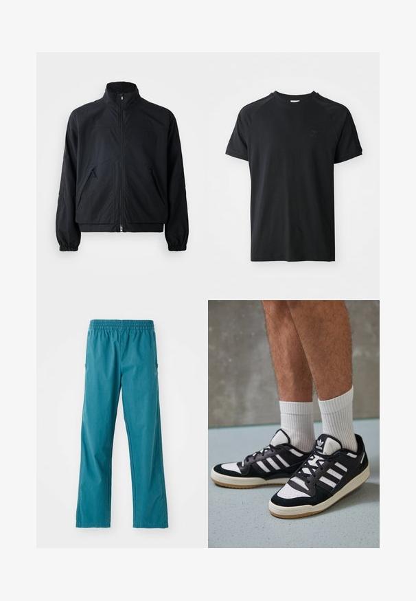 Svart zip-up jakke med høy krage, som har to frontlommer og elastiske mansjetter, laget av et lett, teksturert materiale.; Svart bomull t-skjorte med rund hals, korte ermer og raglan-design. Har et teksturert logo på venstre bryst. Glatt finish.; Tealfargede bukser laget av lett stoff, med elastisk midjebånd og rett snitt med sidelommer.; Sorte og hvite sneakers med overdel i semsket skinn og lær, med tre hvite striper, perforert tå og en såle av gummi.