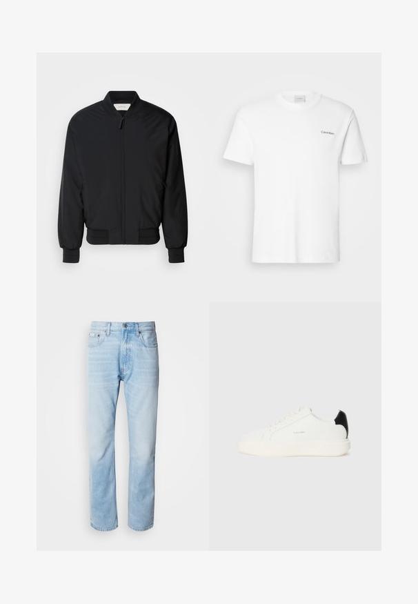 Giacca bomber nera realizzata in tessuto liscio, con zip frontale, polsini a costine e colletto classico. Design minimalista senza motivi.; T-shirt bianca in cotone con maniche corte e scollo rotondo. Presenta un piccolo logo nero "Calvin Klein" sul lato sinistro del petto.; Jeans in denim blu chiaro con taglio dritto, caratterizzati da sezioni sbiadite, design a cinque tasche e iconico bottone di chiusura.; Sneaker bianco in pelle con un accento nero sul tallone, caratterizzato da punta rotonda, lacci piatti e una suola bianca spessa. Logo Calvin Klein esposto.