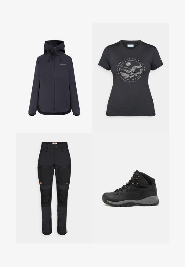 Giacca blu scuro con zip frontale, cappuccio regolabile e polsini elastici. Realizzata in tessuto liscio e resistente all'acqua, presenta un branding minimale.; Maglietta nera Columbia con arte lineare bianca di una montagna circolare e un fiume, e il testo "Columbia Sportswear Company Outside Since 1938."; Fjällräven KEB AGILE TROUSERS - Pantaloni outdoor - black; Stivale da trekking nero con design a metà altezza, dotato di una tomaia texturizzata, accenti grigi e suola in gomma resistente con tasselli per la trazione.