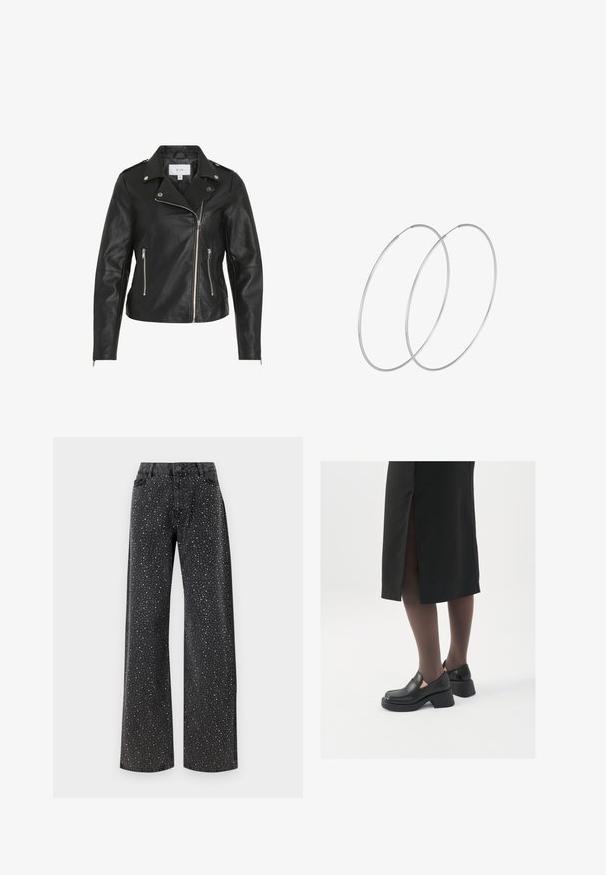 Juodas odinis motociklininko švarkas su asimetriniu užtrauktuku, sidabriniais priedais, dviem užtrauktukais uždaromomis kišenėmis ir struktūruotomis siūlėmis.; Šviesiai kreminė palaidinė su blizgiomis paillettes. Turi klasikį apykaklę, ilgomis rankovėmis ir blizgančių paillettes detalių visame paviršiuje, suteikiančių tekstūrinį efektą.; Noisy May NMJANNEL LOOSE - Laisvo kirpimo džinsai - black denim; Juodos odinės bateliai su apvaliu nosiu, stora blokine pakulne ir elastingais šonais, derinami su tamsiomis pėdkelnėmis ir juoda sijonu su plyšiu.; Sidabrinės pusmėnulio auskarai minimalistiniu dizainu. Apskritimo forma, lygus paviršius ir plonas profilis. Lengvi su poliruotu apdailu.
