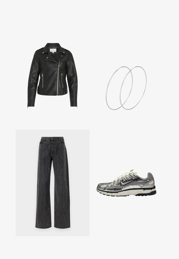 Czarna skórzana kurtka motocyklowa z asymetrycznym zamkiem błyskawicznym, srebrnymi detalami, dwiema kieszeniami na zamek błyskawiczny i wyraźnymi szwami.; Czarny długi rękaw ribbed top z okrągłym dekoltem i dopasowanym krojem. Tkanina ma gładką fakturę i elastyczną jakość.; Noisy May NMJANNEL czarny denim; Srebrny i czarny but sportowy z siateczkowej i syntetycznej cholewki, o obszernej konstrukcji i teksturowanym wykończeniu. Posiada wyściełany kołnierz oraz gumową podeszwę.; Srebrne kolczyki w formie obręczy o minimalistycznym designie. Okrągły kształt, gładka faktura i cienki profil. Lekkie, z polerowanym wykończeniem.