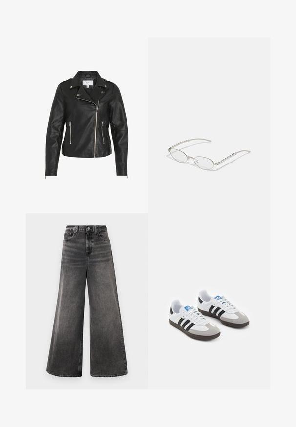 Crna kožna motociklistička jakna s asimetričnim patentnim zatvaračem, srebrnim detaljima, dva munjaasta džepa i strukturiranim šavovima.; Svijetlosivi majica s dugim rukavima od mekane pamučne tkanine. Ima slobodan kroj, okrugli izrez i blago nabrane manžete. Bez uzoraka ili grafika.; Široke crne traperice od denima sa izblijedjelim pranjem, dizajnom s pet džepova i gumbom na struku, s ukrasnim šavovima.; Sportske cipele s gornjištem od bijele kože, sivi suedinasti nos i tri crne pruge. Imaju plavi logo na jeziku i teksturiranu gumenu podlogu.; Ovalne naočale s metalnim srebrnim okvirom, prozirnim staklima i teksturiranim bisernim detaljima na krakovima. Lagani dizajn s zakrivljenim krakovima.