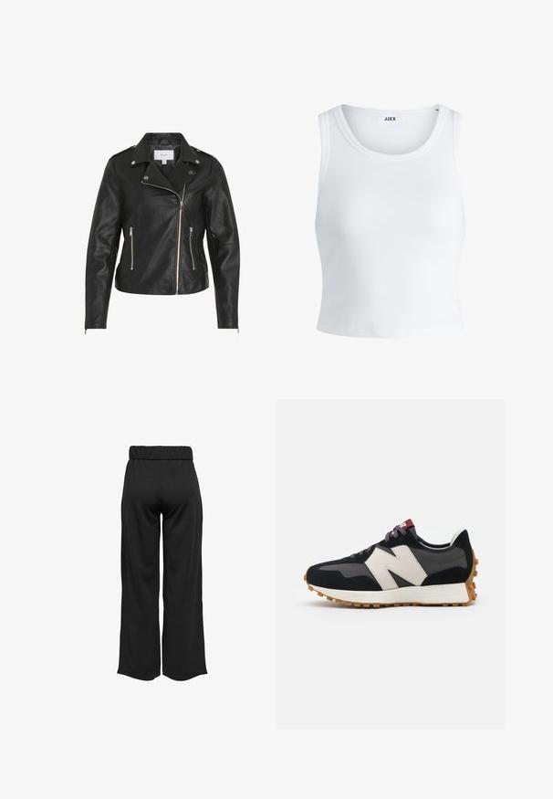 Juodas odinis motociklininko švarkas su asimetriniu užtrauktuku, sidabriniais priedais, dviem užtrauktukais uždaromomis kišenėmis ir struktūruotomis siūlėmis.; Balta raukšlėta tank top marškinėliai su apvaliu iškirpimu, be rankovių dizainu ir trumpa ilgio. Etiketėje parašyta "JJXX." Lygus audinio paviršius.; Juodos, plačios kelnės su elastinga juosta, pagamintos iš lygaus audinio. Pasižymi švariu dizainu, be kišenių ar matomų siūlių detalių.; Juoda ir pilka zomšinė sportinė avalynė su dideliu kreminiu "N" logotipu, violetinėmis raištelėmis ir tekstūruota gumos padu.