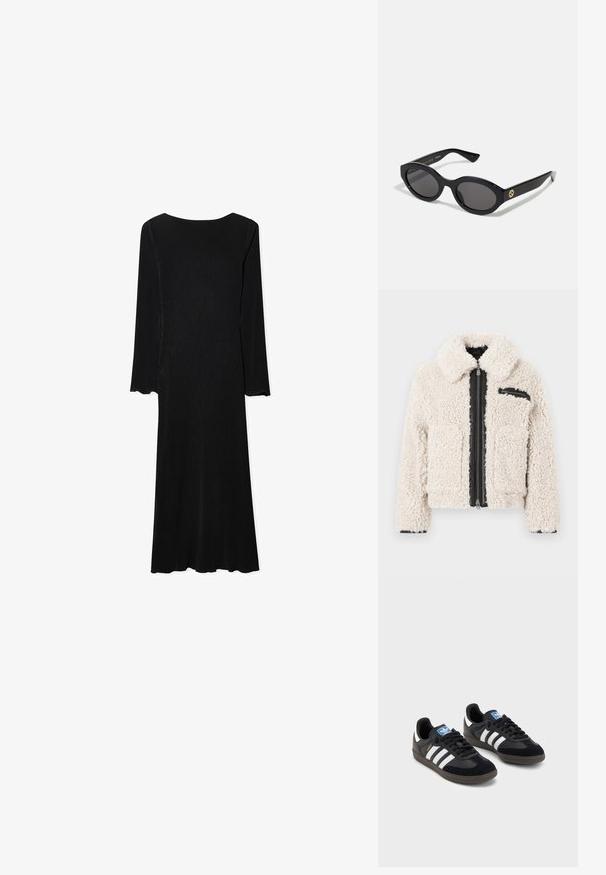 Kreemit värvi sherpa jakk musta tõmblukuga, millel on väike tõmblukuga rinnatasku paremal küljel, pikad varrukad ja volditud krae.; Must kulunud must pikkade varrukatega kleit, millel on sobiv bodice, laienev hem ja lainelised varruka servad. Omab ümmargust kaelust ja siledat tekstuuri.; Mustad tossud, mille pealseks on seemisnahk ja sünteetilised materjalid, kolme valge triibuga, tekstureeritud kummitald ja sinine logo silt keele peal.; Mustad mustad prillid tumedate läätsedega ja läikiva plastraamiga. Omab kuldset logo põlveosal, pakkudes stiilset ja kaasaegset disaini.