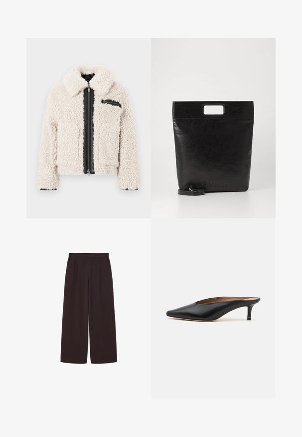 Giacca sherpa color crema con chiusura a cerniera nera e una piccola tasca sul petto con cerniera sul lato destro, maniche lunghe e colletto ripiegato.; Camicia bianca a maniche lunghe con colletto in cotone. Caratterizzata da una chiusura con bottoni e una tasca sul petto singola. Tessuto liscio, vestibilità comoda.; Pantaloni larghi di colore marrone scuro realizzati in tessuto leggero, con vita alta, pieghe e due tasche laterali, dotati di una cintura elasticizzata.; Mule in pelle nera con punta affilata e tacco basso a blocco. Texture liscia con un design elegante. Retro aperto con dettagli minimi.; Borsa tote in pelle nera con manico quadrato, caratterizzata da una finitura testurizzata e logo impresso. Include una tracolla rimovibile.