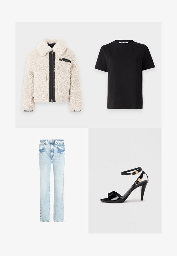 Cream-colored sherpa jacket with black zipper closure and a small zipped chest pocket on the right side, long sleeves, and a folded collar.; Black short-sleeve t-shirt made of soft cotton, featuring a round neckline, relaxed fit, and a smooth texture. No visible patterns or graphics.; Light blue denim jeans with a straight leg design, five pockets, and a faded texture. Features visible stitching and a classic button closure.; Black patent leather high-heeled sandal with double ankle straps and gold buckles, open toe, and slim tapered heel on neutral background.