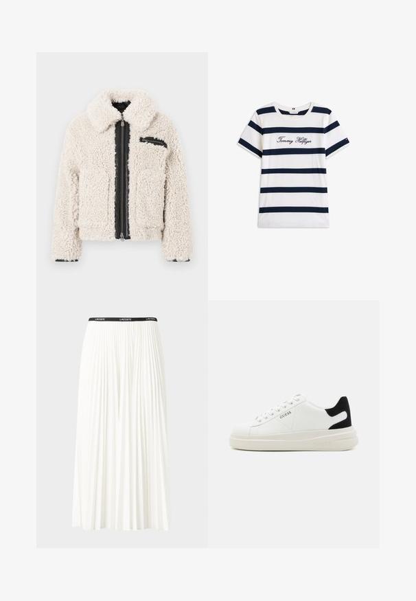 Giacca sherpa color crema con chiusura a cerniera nera e una piccola tasca sul petto con cerniera sul lato destro, maniche lunghe e colletto ripiegato.; T-shirt in cotone con righe orizzontali blu navy su sfondo bianco. "Tommy Hilfiger" ricamato in corsivo sul petto. Collo a giro.; Gonna bianca plissettata con elastico nero in vita che presenta il logo "LACOSTE". Design di lunghezza media con texture morbida.; Sneaker bianchi in pelle con suola spessa bianca, accento in suede nero sul tallone e logo impresso sul lato. Design con lacci e sei fori per i lacci.