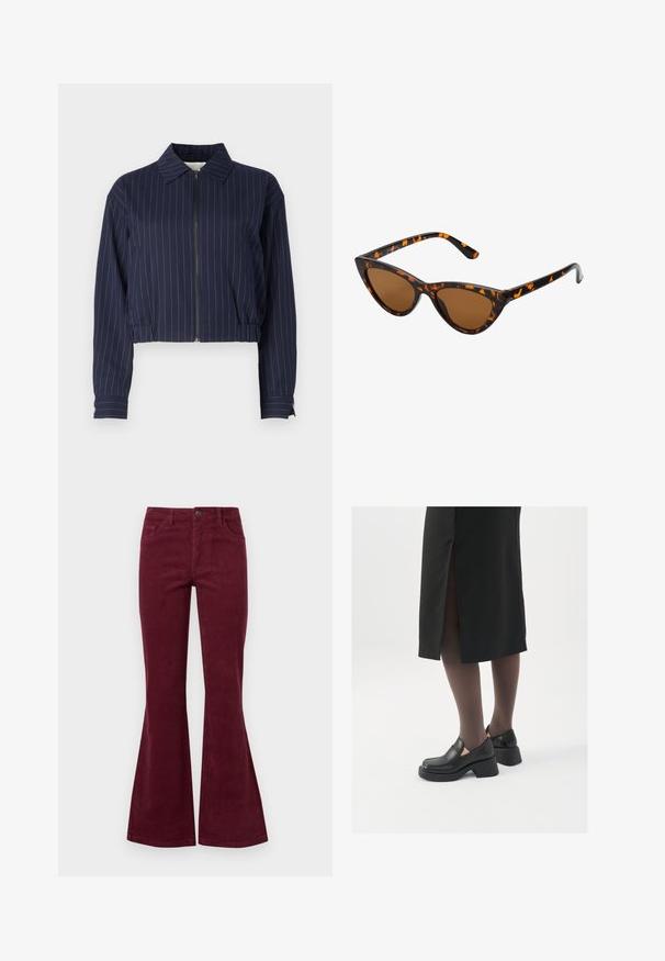 Marineblauwe cropped jas met een rits aan de voorkant, streepjespatroon, kraag en elastische tailleband. Lange mouwen met knoopsluiting.; JDY LORRAINE - Trui - cement; Bordeaux corduroy flare jeans met vijf zakken, een sluiting met een knoop aan de voorkant en een gestructureerde stof. De flare loopt van de knie tot de zoom.; Zwarte leren schoenen met een ronde neus, dikke blokhak en elastische zijkanten, gecombineerd met donkere panty's en een zwarte rok met een split.; Cat-eye zonnebril met een zwart en oranje schildpadframe, bruine lenzen en slanke, puntige uiteinden. Bevat een minimalistisch logo op de poot.