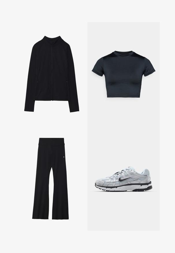 Chaqueta negra con cremallera y cuello alto, hecha de un tejido suave. Presenta mangas raglán y dos bolsillos laterales con cremallera. Textura suave.; Top corto de manga corta en azul marino oscuro, hecho de tela lisa y elástica. Presenta un escote redondo y detalles mínimos de costura. No se ven logotipos.; Pantalones de yoga negros acampanados en tejido elástico, con una cinturilla ancha y un pequeño logo cerca de la cadera. Textura suave, sin patrones.; Zapatillas Nike P-6000 con parte superior de malla gris claro, acentos negros y suela de goma negra duradera. Presentan un diseño intrincado y un sistema de cordones.