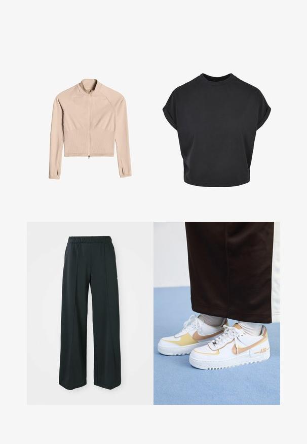 Chaqueta cremosa con cremallera, de mangas largas, textura acanalada y un diseño corto. Presenta mangas raglán y aberturas laterales en los puños.; Camiseta corta negra de algodón con mangas cortas enrolladas y cuello redondo. Textura suave y diseño minimalista.; Pantalones deportivos negros de pierna ancha con cintura elástica. Hechos de una tela suave y elástica, presentan costuras frontales sutiles y sin bolsillos.; Zapatillas de cuero blancas con acentos dorados, que cuentan con una puntera perforada, cordones planos y una suela de goma gruesa con el logotipo "AIR" en el lateral.