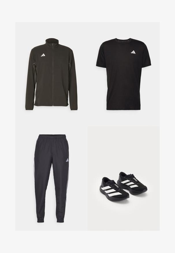 Zwarte zip-up jas gemaakt van lichtgewicht stof. Heeft een hoge kraag en drie witte diagonale strepen op de linkerborst.; Zwarte katoenen t-shirt met korte mouwen, ronde hals en een wit logo op de linkerkant van de borst. Gladde textuur en eenvoudig ontwerp.; Zwarte sportieve broek met een elastische tailleband, voorzien van witte strepen aan de zijkanten en een klein logo op de heup. Gladde textuur.; Een paar zwarte Adidas Adizero hardloopschoenen met witte strepen en veters op een witte achtergrond, zij aan zij gepositioneerd.
