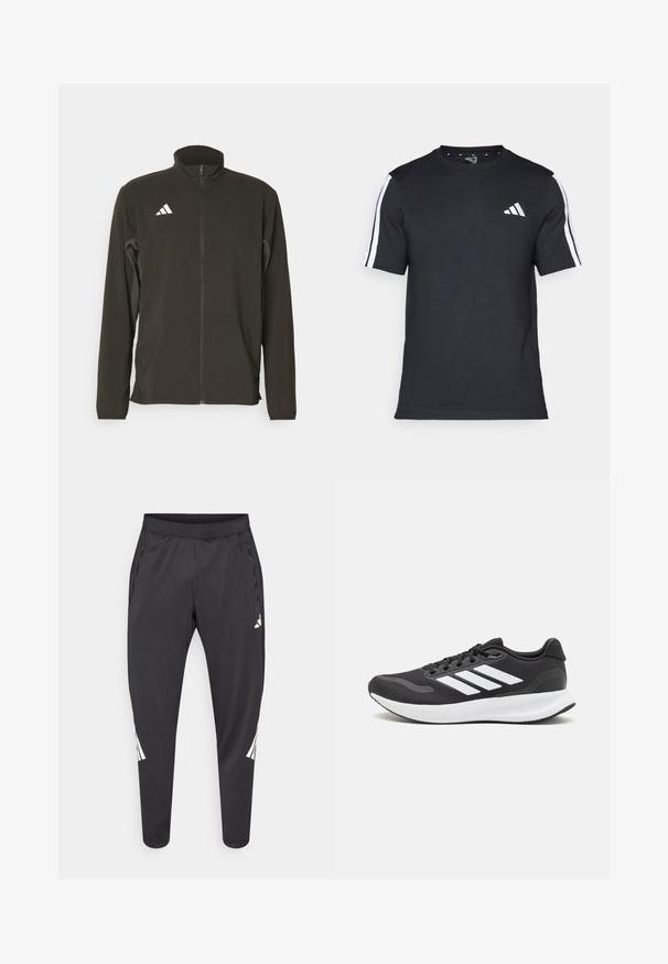 Must läätspakist must zip-up jakk on valmistatud kerge kangast. Omab kõrget kraed ja kolme valget diagonaaltriipu vasakul rinnaosas.; Mustvalge T-särk puuvillast, lühikeste varrukatega, millel on valged triibud õlgadel ja valge logo vasakul rinnal.; Mustad spordipüksid kitsenevate säärtega, kummipaelaga vöökohal, küljetaskutega ning valge logoga ja triipudega. Valmistatud siledast, kerge kaaluga materjalist.; Mustmust valmistatud õhulise võrgu ülemise osa, valgete aktsentidega ja pehme tallaga must sportlik king. Küljel on kolm triipu kujutav logo.