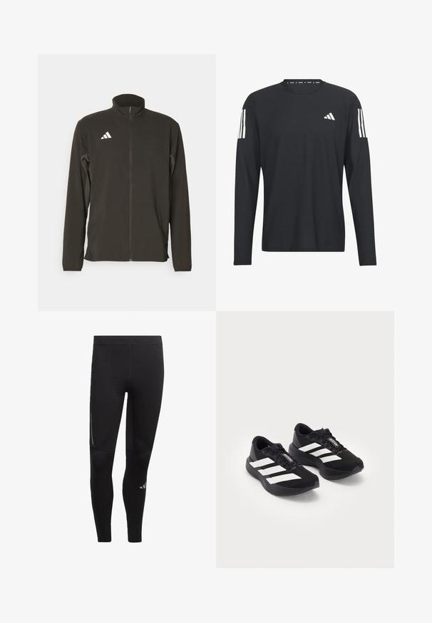 Svart zip-up jacka i lätt tyg. Har en hög krage och tre vita diagonala ränder på vänster bröst.; Svart långärmad tröja i lättviktigt material med rund hals, texturerad yta och vitt trestrimlogo på ärmarna.; Svarta atletiska leggings gjorda av elastiskt material, med hög midja, reflexdetaljer och en logotyp nära ankeln. Slät yta.; Ett par svarta Adidas Adizero löparskor med vita ränder och skosnören på vit bakgrund, placerade sida vid sida.