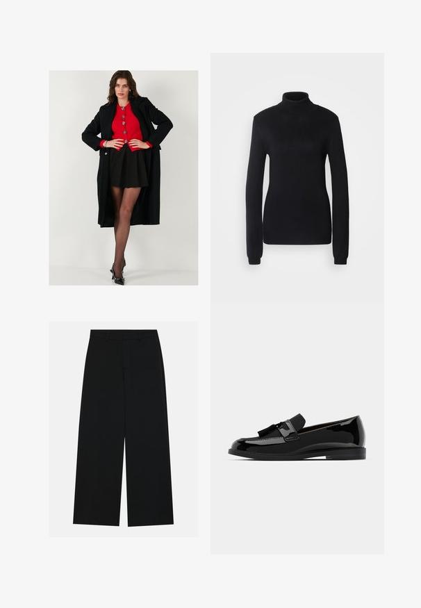 Zwarte lange jas over een rode knooptrui, gecombineerd met een zwarte rok en transparante zwarte panty’s. Zwarte hoge hakken maken de outfit compleet.; Zwarte coltrui van een zachte brei-stof, met lange mouwen en een aansluitende pasvorm, voorzien van een geribbelde kraag en zoom.; Zwart, wijde broek van een gladde stof. Heeft een plat tailleband met riemlussen en geen zichtbare zakken. Eenvoudig ontwerp.; Zwarte lakleren loafers met een platte hak, voorzien van een kwastaccent en een glad oppervlak, ontworpen met een ronde neus en subtiele stiksels.