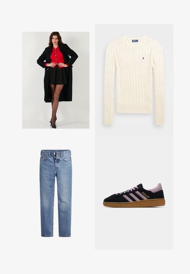 Fekete hosszú kabát egy piros gombos pulóver felett, fekete szoknyával és áttetsző fekete harisnyával párosítva. Fekete magassarkú cipők egészítik ki az öltözéket.; Krém színű, kabelmintás pulóver hosszú ujjal, bordás mandzsettával és aljjal, bal mellen egy kis hímzett logóval.; Világoskék farmernadrág egyenes szabással, öt zsebes dizájnnal és gombos nyereggel. Finom kopásokkal és narancssárga varrási részletekkel rendelkezik.; Fekete és rózsaszín velúr sportcipő, gumi talppal, három rózsaszín csíkkal, arany "SPEZIAL" felirattal és texturált gumitalppal. Alacsony szárú dizájn.