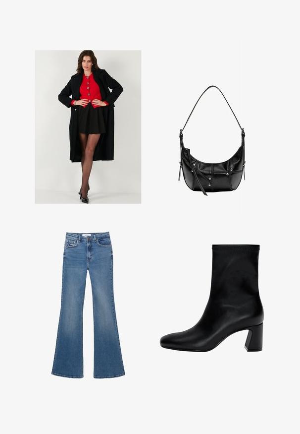 Črn dolg plašč nad rdečo srajco s gumbi, v kombinaciji s črno krilo in prosojnimi črnimi nogavicami. Črni čevlji s peto dopolnjujejo obleko.; Svetlo modra pulover iz mehkega materiala, z okroglo ovratnikom, dolgimi rokavi ter rebrastimi manšetami in robom. Gladka tekstura, sproščen oblikovanje.; Modri jeans s širokimi hlačnicami, s sprednjimi in zadnjimi žepi, petimi pasnimi zankami in gumbom za zapiranje, položeni na belo podlago.; Črne gležnjarje iz gladke usnjene obutve. Imajo kvadratni nos, elastičen vrh in široko peto za stabilnost. Minimalističen dizajn.; Črna usnjena torba za ramo s krivuljasto obliko, okrašena z srebrnimi žebljički in šivi. Nastavljiv trak za prilagodljivost.
