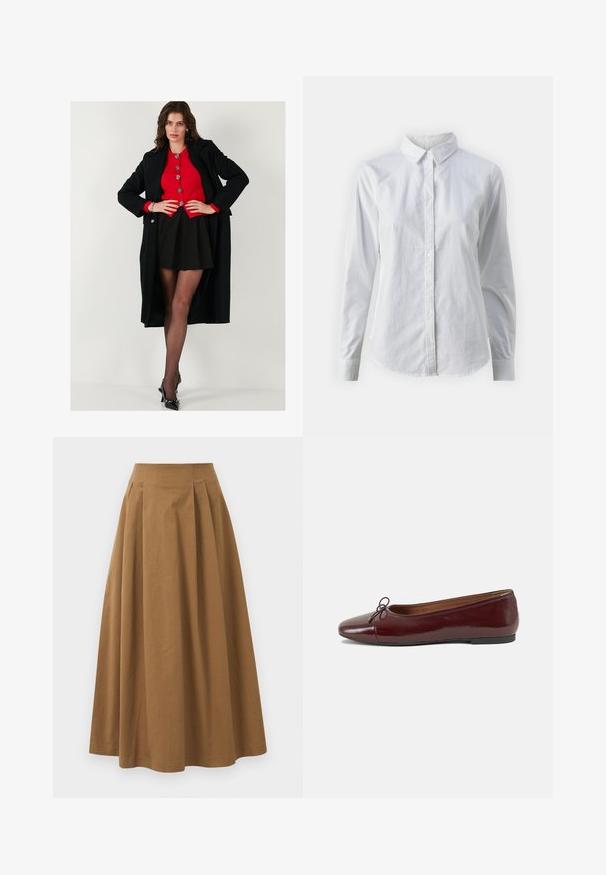 Černý dlouhý kabát přes červený svetr s knoflíky, doplněný o černou sukni a průhledné černé punčochy. Černé lodičky na vysokém podpatku dokončují celý outfit.; Bílá košile na knoflíky vyrobená z hladké bavlny, s klasickým límcem, dlouhými rukávy a zakřiveným spodním lemem. Knoflíky jsou malé a bílé.; Hnědá bavlněná sukně ve stylu A s vysokým pasem, se sklady na přední straně a hladkou texturou. Lemování je čisté a jednoduché.; Burgundské lakové baleríny s kulatou špičkou, malou mašlí vpředu a nízkou černou gumovou podrážkou. Hladký povrch.