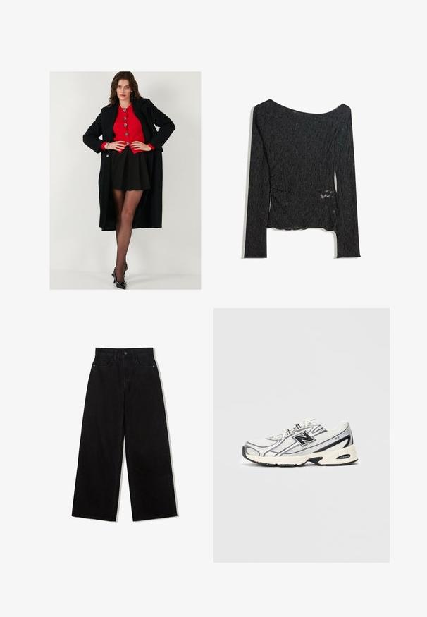 Črn dolg plašč nad rdečo srajco s gumbi, v kombinaciji s črno krilo in prosojnimi črnimi nogavicami. Črni čevlji s peto dopolnjujejo obleko.; Črna dolga majica z dolgimi rokavi, izdelana iz teksturirane tkanine, z barko izrezom in detajlom bočnega režanja, z gubastim vzorcem po celotni površini.; Črne široke kavbojke iz denima z visokim pasom, ki imajo pet žepov in en gumb za zapiranje spredaj.; Beli in sivi športni copat z črnim logotipom "N", mrežasto zgornjim delom, podplatom z oblazinjenjem in vezalnim dizajnom, prikazan na enobarvnem svetlo sivo ozadju.