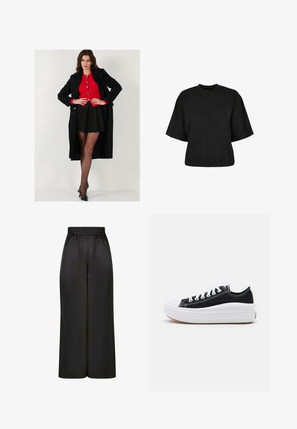 Fekete hosszú kabát egy piros gombos pulóver felett, fekete szoknyával és áttetsző fekete harisnyával párosítva. Fekete magassarkú cipők egészítik ki az öltözéket.; Fekete, rövid ujjú, pamut crop póló. Kerek nyakkivágással rendelkezik. Simára készült textúrája van, egyszerű dizájn, nincs rajta további minta.; Fekete, bő szárú nadrág, sima, fényes anyagból, rugalmas derékrésszel, látható zsebek vagy fém részletek nélkül.; Fekete vászon sportcipők fehér fűzővel, fehér gumi orral és vastag fehér középtalppal. Finom fehér varrással és gumi talppal rendelkezik.