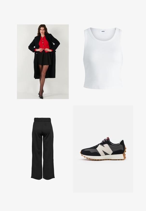 Sort lang frakke over en rød knap-op sweater, parret med en sort nederdel og gennemsigtige sorte strømpebukser. Sorte højhælede sko fuldender outfittet.; Hvid ribbet tanktop med rund halsudskæring, ærmeløs design og cropped længde. Etiketten står der "JJXX." Glat stoftekstur.; Sorte, vide bukser med elastisk talje, lavet af glat stof. Har et enkelt design uden lommer eller synlige sømdetaljer.; Sort og grå ruskinds sneakers med et stort cremefarvet "N" logo, lilla snørebånd og en struktureret gummisål.