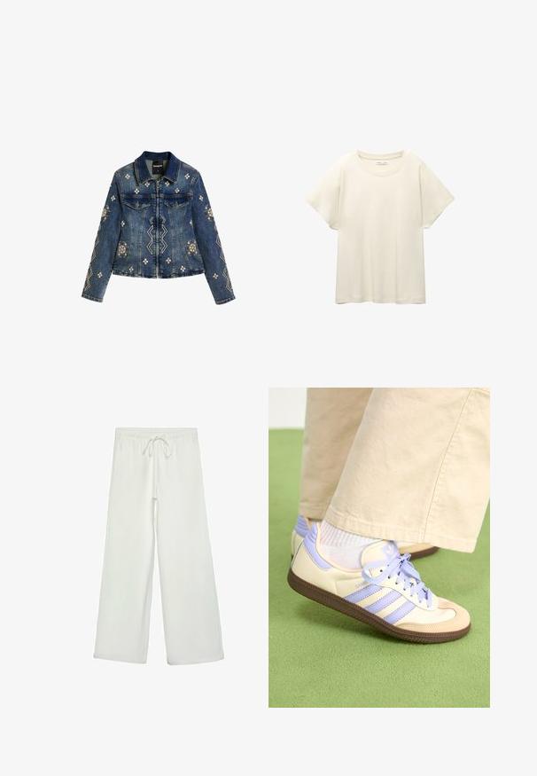 Denimjacka med blåtvätt, prydd med blommig broderi och geometriska mönster, standardkrage, knäppning fram och två bröstfickor.; Ljus beige kortärmad t-shirt med rund halsringning, tillverkad av mjuk, slät tyg. Har en avslappnad passform och rak nederkant.; Vita vida byxor i mjukt tyg. Har en elastisk midja med dragsko och en slät yta. Inga synliga mönster eller metalldetaljer.; Krämfärgade och lavendelfärgade sneakers med tre ränder och en texturerad brun sula, med snören och en vadderad häl. Mjuk tygobero.