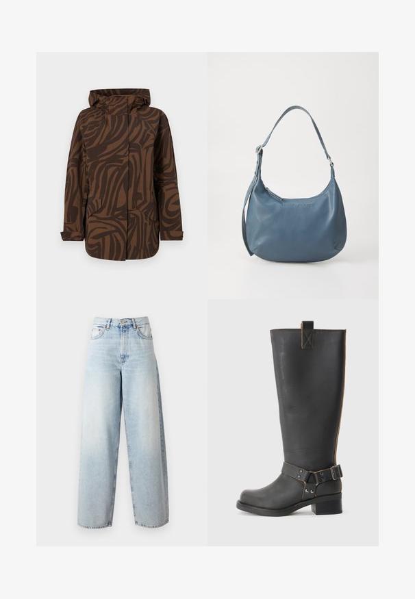 Jachetă brown cu un model, dotată cu glugă, având dungi abstracte de culoare brown închis, două buzunare frontale și un croi lejer.; Pulover scurt, tricotat, negru, cu mânecă scurtă, decolteu rotund și tiv cu nervuri. Textură netedă, cu o croială lejeră. Design minimalist.; Samsøe Samsøe HARPER - Wide leg - frozen snow; Cizmă înaltă din piele neagră, cu un finisaj texturat, având un accent cu cataramă pe lateral și un toc mic. Cusături detaliate de-a lungul cusăturilor.; Geantă de umăr din piele albastră, cu o formă rotunjită, bretea unică, închidere cu fermoar și numele brandului embosat pe față. Textură netedă.