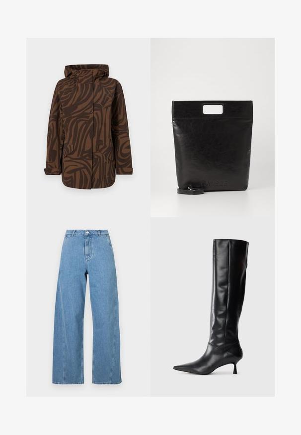 Brun mønstret jakke med hætte, der har abstrakte mørkebrune striber, to frontlommer og et afslappet fit design.; Grå strikket sweater med en kattegrafik i sort og beige, med ordet "Future" i pink henover fronten.; Lyseblå brede jeans i denim, med højt liv, lige snit og kontrasterende syninger langs sømmene.; Sorte læder knæhøje støvler med spids tå og slank buet hæl. Glat tekstur, tætsiddende design og ingen synlig hardware eller mønstre.; Sort læder tote bag med et firkantet håndtag, der har en tekstureret overflade og prægede logo. Indeholder en aftagelig rem.