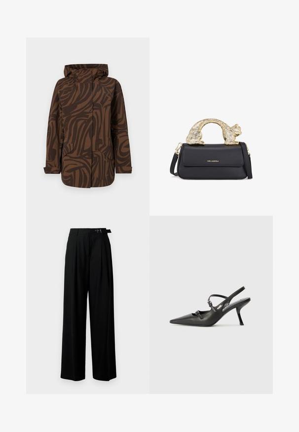 Ruskea kuviollinen takki hupulla, jossa on abstrakteja tummanruskeita raitoja, kaksi etutaskua ja rento leikkaus.; Lyhythihainen musta t-paita, joka on valmistettu puuvillasta. Paidassa on valkoinen graafinen kuvasto, jossa on teksti "KARL" ja tyylitelty hahmo rintamuksessa. Pyöreä pääntie.; Mustat leveät housut korkealla vyötäröllä, etuosassa laskokset ja soljellinen vyö. Valmistettu sileästä ja kevyestä kankaasta.; Mustat nahkaiset slingback-korkokengät, joissa on terävä kärki, hoikka korko ja koristeellinen solkityyny varpailla. Tasainen pinta ja tyylikäs muotoilu.; Musta nahkakäsi, jossa on kultainen kissanmuotoinen kahva, etuohjauslaukku, säädettävä hihna ja logotunnus alaosassa.