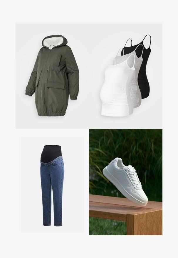 Olive zaļš parka ar oderētu kapuci, pilnu rāvējslēdzēja aizdari, elastīgām aprocēm un vairākām kabatām. Izgatavota no gludas, ūdens atgrūdošas auduma.; Trīs grūtniecības tērpi bez piedurknēm baltā, pelēkā un melnā krāsā. Elastīgs audums ar regulējamiem tievajiem plecu siksniņām un savilktām sānu šuvēm komfortam.; Māmiņu džinsi ar zilu denima kājām un melnu elastīgu vēdera paneli, kas izstrādāts, lai atbalstītu un nosegtu augošu vēderu.; Baltie sporta apavi ar gludu sintētisku augšpusi, perforētu pirkstu daļu, plakani šņorēm un rakstainu zoli, novietoti uz koka virsmas.