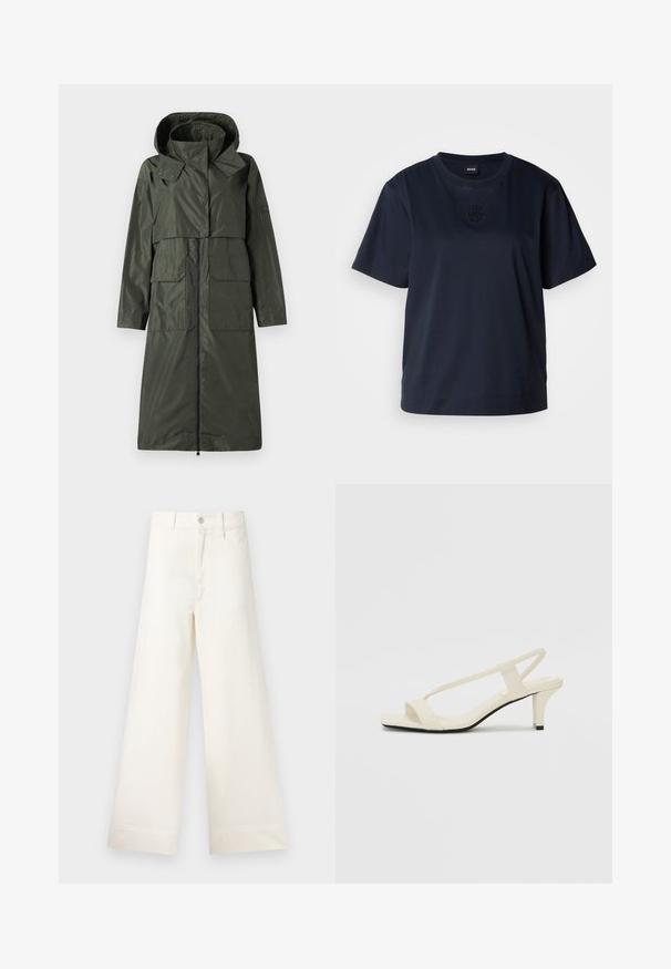 Ciemnozielony, wodoodporny płaszcz z kapturem, zapinany na zamek, z dwiema dużymi kieszeniami z przodu i luźnym krojem. Gładka powierzchnia i średnia długość.; Granatowa koszulka z krótkim rękawem wykonana z miękkiej bawełny. Posiada okrągły dekolt oraz subtelnie haftowane logo na piersi.; Szerokie spodnie w jasnym beżowym kolorze wykonane z bawełny. Charakteryzują się wysokim stanem, kieszeniami z przodu oraz prostym krojem. Czyste wykończenie brzegów bez wzorów.; Beżowe sandały na blokowym obcasie z cienkimi ramiączkami i kwadratowym noskiem. Gładki materiał z minimalną ilością detali, zaprojektowane z myślą o łatwym zakładaniu.
