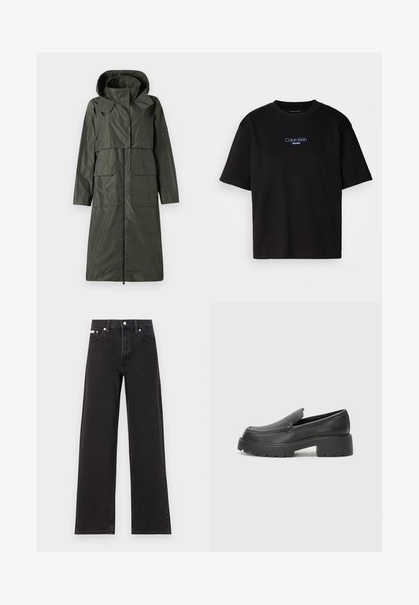 Dark green, waterproof coat with a hood, zip closure, two large front pockets, and a relaxed fit. Smooth texture and mid-length design.; Black cotton t-shirt with a round neck, short sleeves, and blue embroidered "Calvin Klein JEANS" logo on the front.; Black wide-leg jeans made of denim, featuring a high-rise waist, five-pocket styling, and a metal button closure with contrasting stitching.; Black leather loafers with a rounded toe, thick textured sole, and minimal stitching details. Sleek design with no visible laces or hardware.