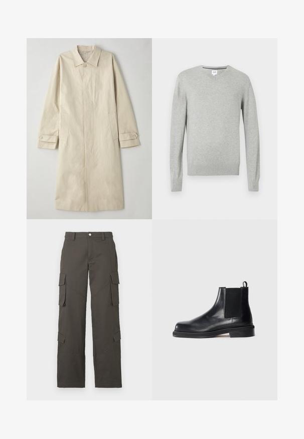Beige, knielanger Mantel aus einer Baumwollmischung. Verfügt über einen Reverskragen, eine Frontknopfleiste und seitliche Taschen mit Klappen.; Hellgrauer Pullover, V-Ausschnitt, lange Ärmel, gerippte Bündchen und Saum, weicher Stoff. Markenlabel an der Halsöffnung.; Weißes Baumwoll-T-Shirt mit Rundhalsausschnitt, kurzen Ärmeln und lockerer Passform. Glatte Textur, keine Muster oder Verzierungen.; Dunkelgraue gerade Cargo-Hosen mit Knopfverschluss und vier Klappentaschen, zwei an den Oberschenkeln und zwei nahe den Waden.; Schwarze Leder Chelsea-Stiefel mit elastischem Seitenpanel, runder Zehenpartie, Zugschlaufe an der Ferse und niedrigem, gestapeltem Absatz auf einfarbigem Hintergrund.