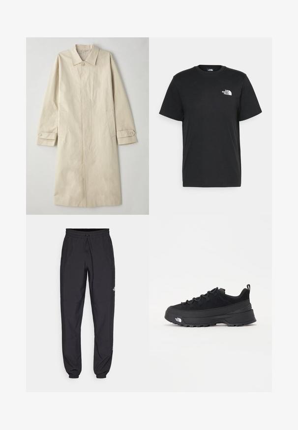 Beige, knielang jasje gemaakt van katoenmix-stof. Heeft een gekartelde kraag, een sluiting met knopen aan de voorkant en zijzakken met klepdetail.; Zwarte katoenen T-shirt met korte mouwen, ronde hals en een klein wit logo op de linkerkant van de borst. Eenvoudig ontwerp, gladde textuur en een comfortabele pasvorm.; Zwarte sportieve broek gemaakt van lichtgewicht stof, met een trekkoord in de taille, zijzakken en taps toelopende boorden bij de enkels.; Zwarte outdoor sneaker met een suede bovenkant, een gestructureerde rubberen zool en een stevig vetersysteem. Heeft een versterkte hiel en een merklogo aan de zijkant.