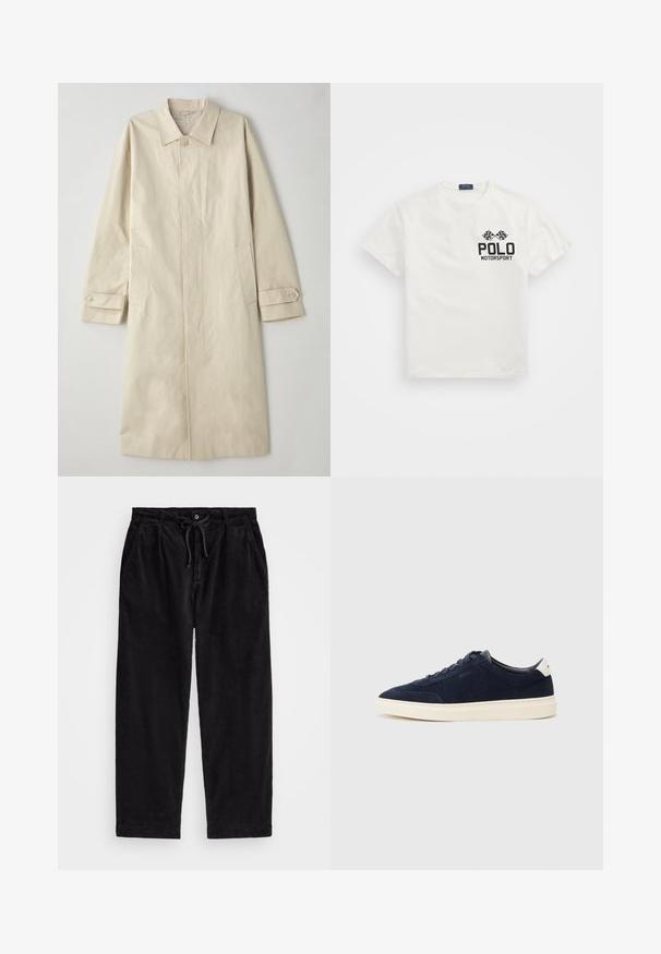 Beige, knee-length coat made of cotton-blend fabric. Features a notched collar, front button closure, and side pockets with flap detail.; White cotton T-shirt with a round neck, featuring a black "Polo Motorsport" logo and crossed checkered flags on the left chest.; Black corduroy pants with a relaxed fit, featuring an elastic waistband with a drawstring, and side pockets. Fabric shows ribbed texture.; Navy suede sneakers with a smooth fabric upper, white rubber sole, and simple lace-up design. Features a small logo on the side.